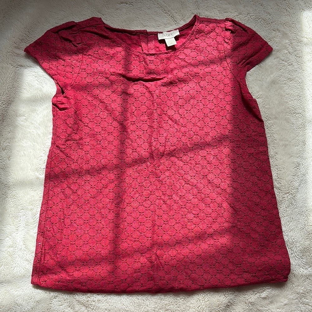 LOFT Eyelet Lace Cap Sleeve Top | Berry Red | 80% Cotton | Size XS - Picture 4 of 9